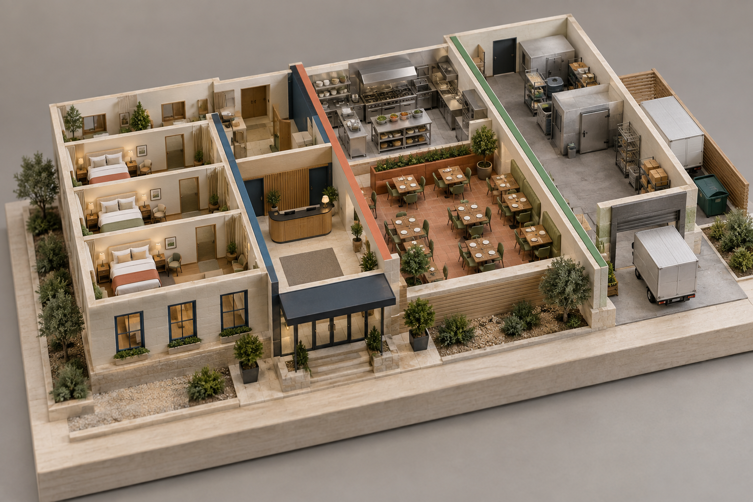 Hospitality crowdfunding readiness model showing guest rooms, reception, restaurant, kitchen, and service areas