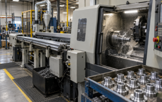 CNC machine connects raw metal stock, active production, and finished components in a small manufacturing facility