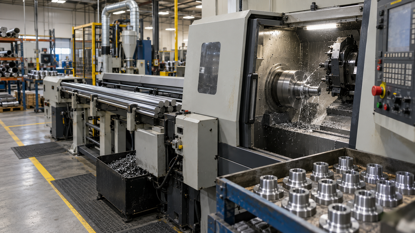 CNC machine connects raw metal stock, active production, and finished components in a small manufacturing facility
