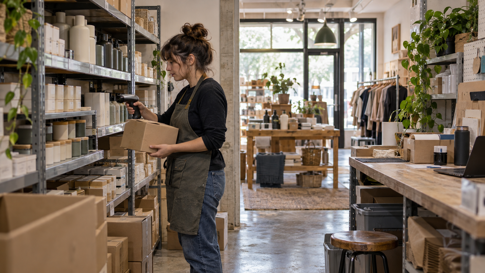 Consumer brand crowdfunding inventory and channel review Consumer brand employee reconciles unbranded inventory between a stockroom, retail shelf, and packing area