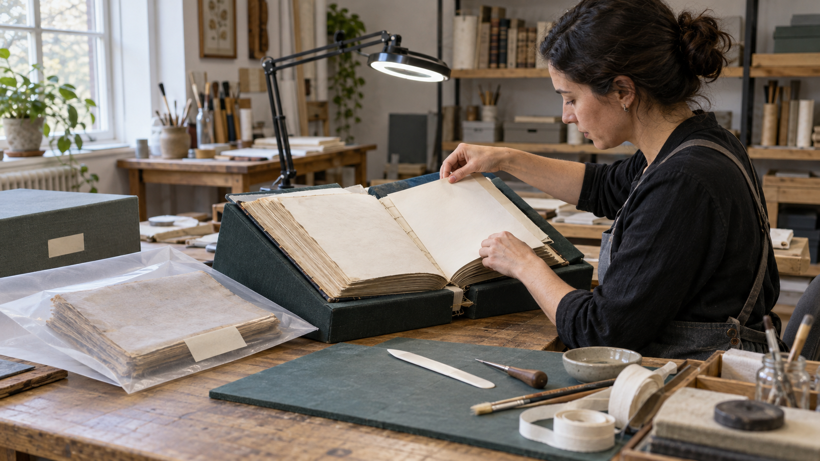 Book conservator replaces a revised section while preserving the prior version in an archival sleeve